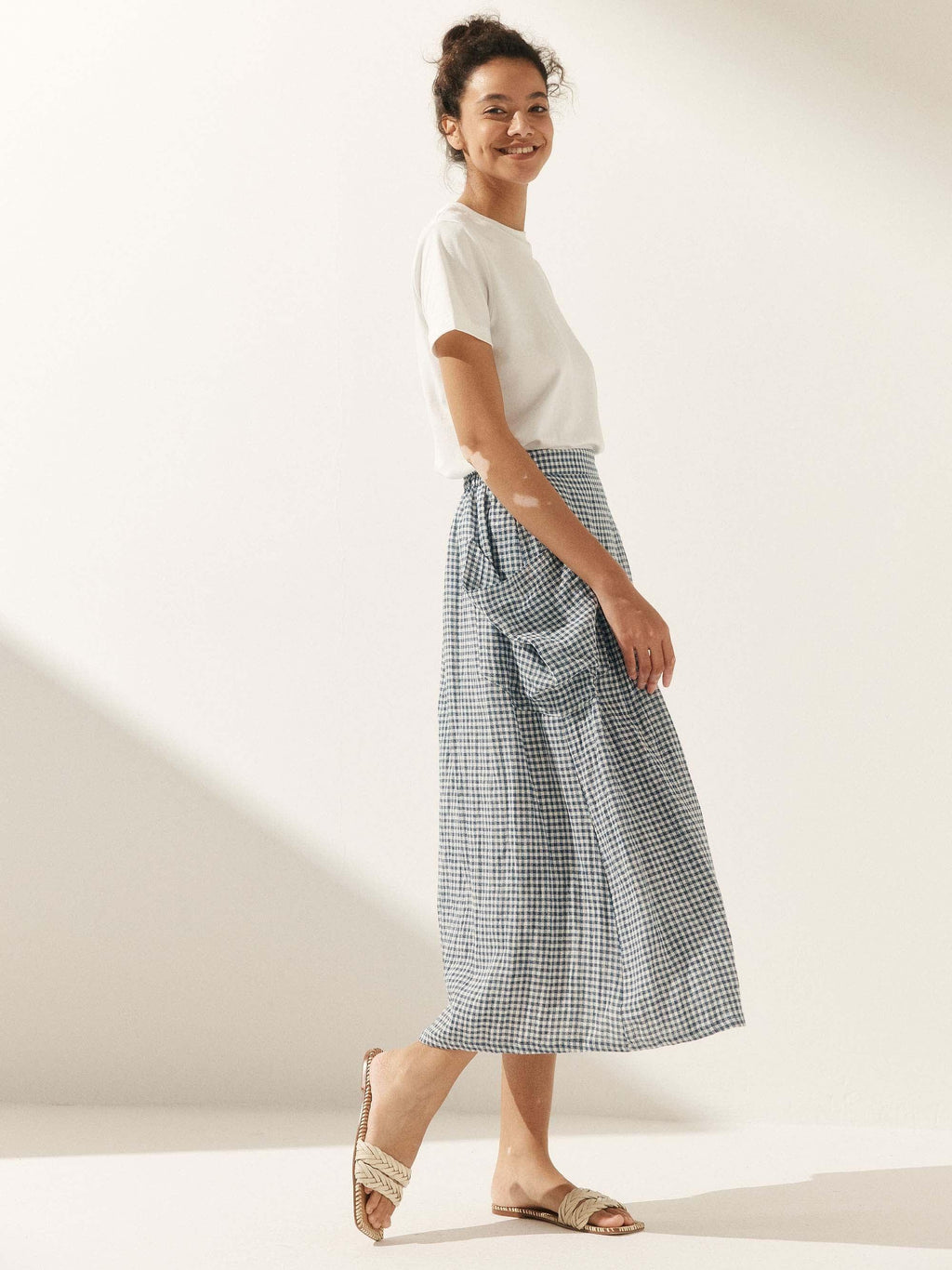 LINTICO Linen Checked Elastic Waist Skirt MARINA — detail shot 6