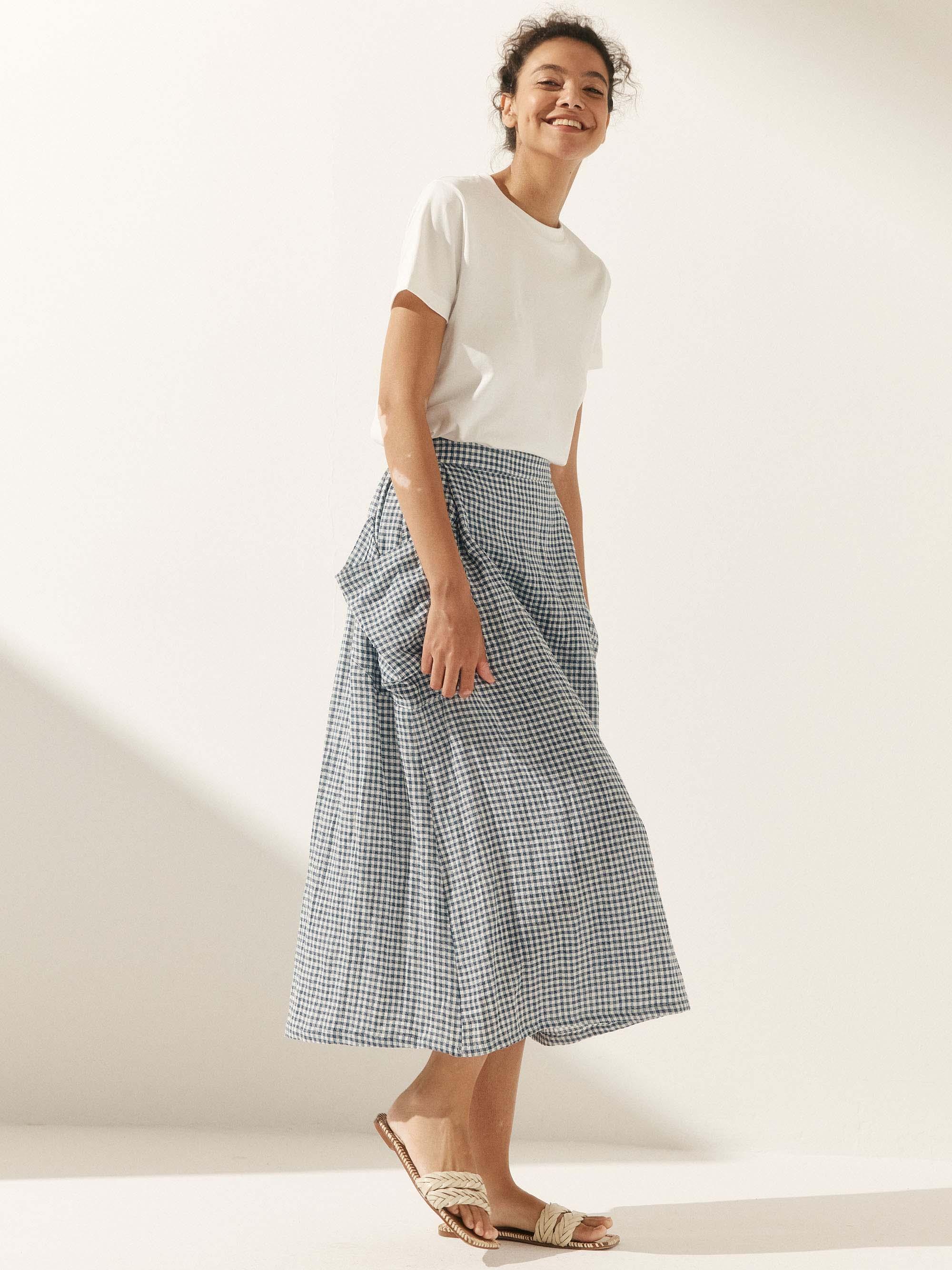 LINTICO Linen Checked Elastic Waist Skirt MARINA — main product shot