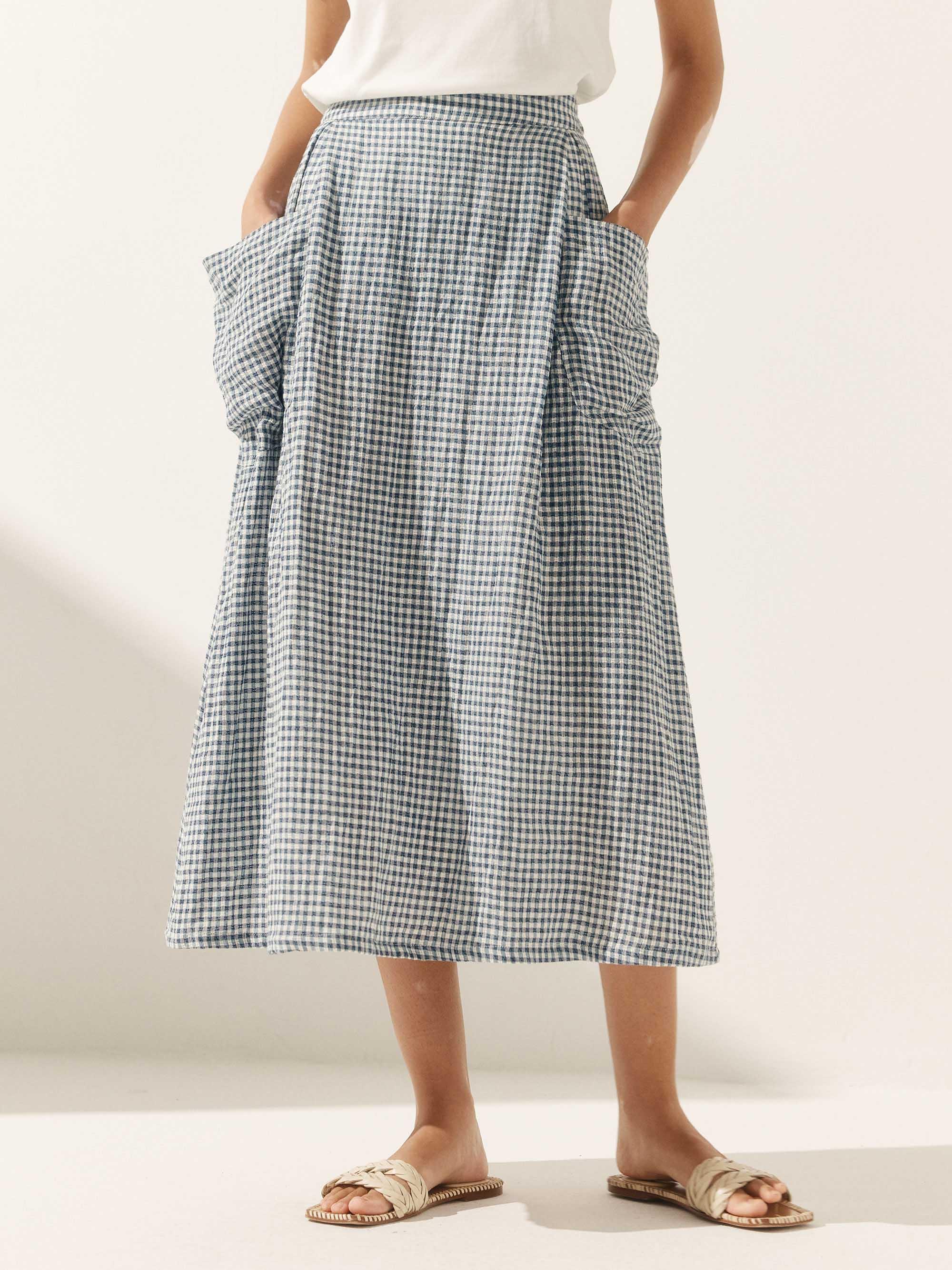 LINTICO Linen Checked Elastic Waist Skirt MARINA — fabric or material detail