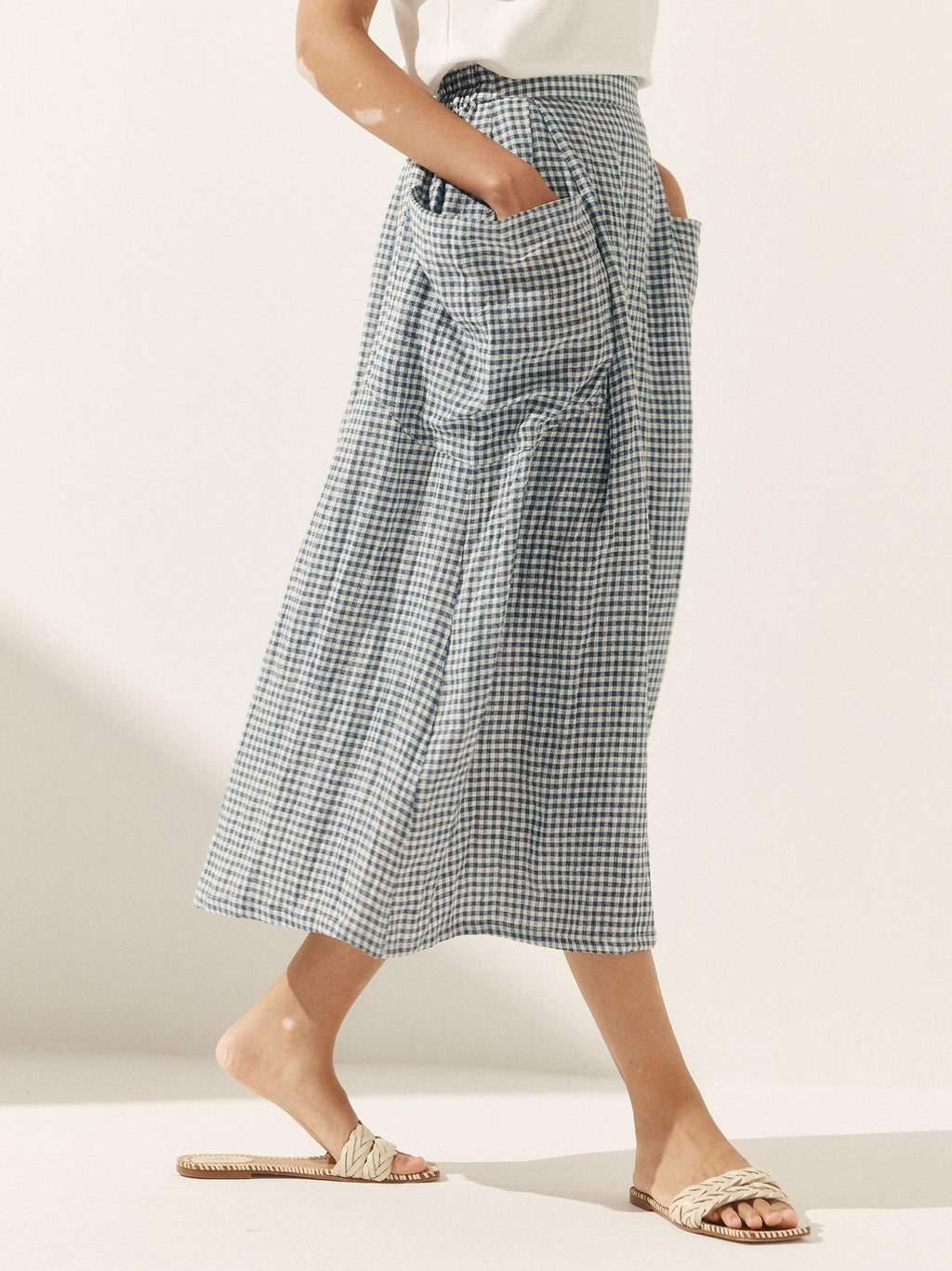 LINTICO Linen Checked Elastic Waist Skirt MARINA — feature highlight