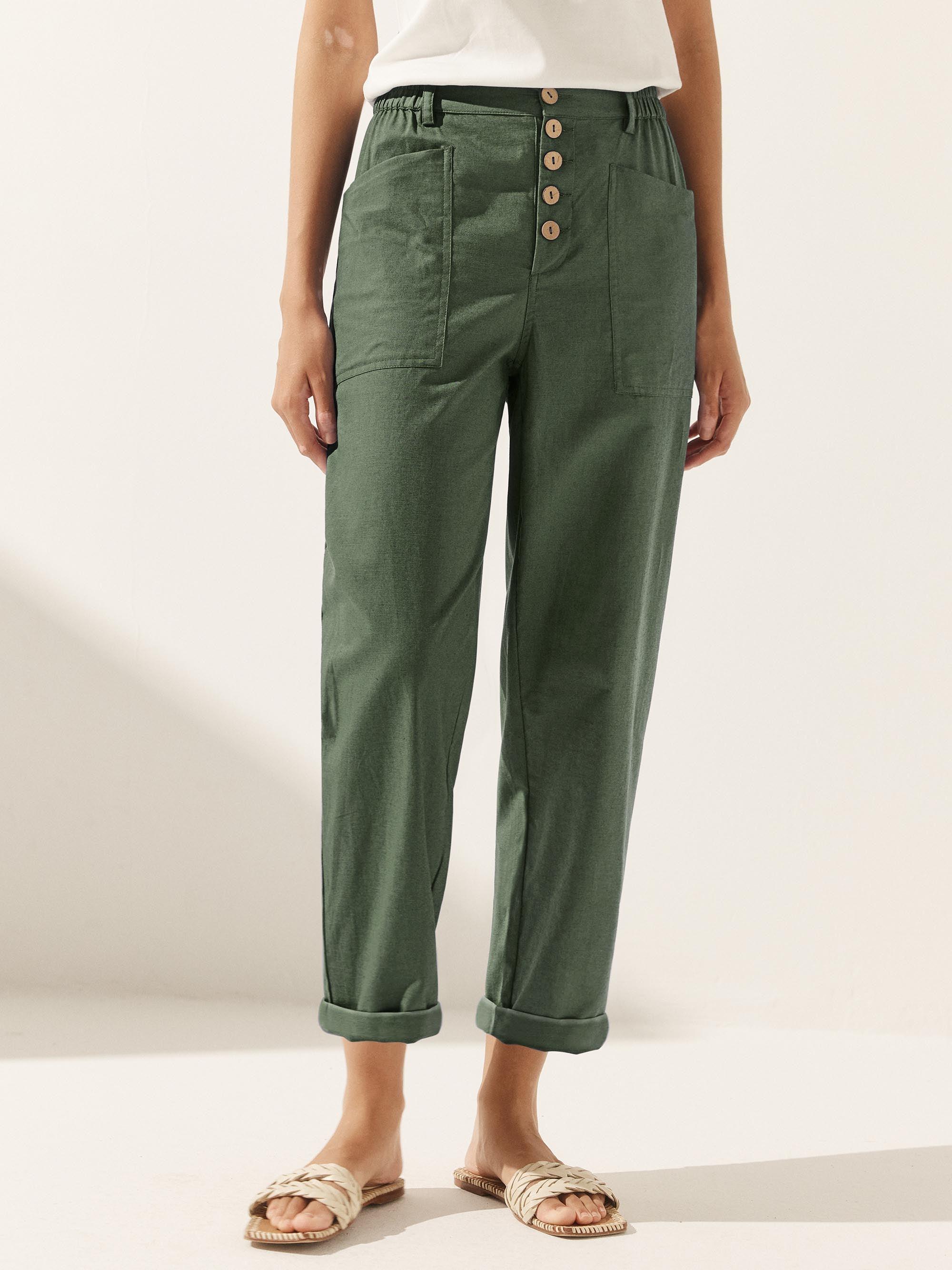 LINTICO Linen Simple Button Fly Trousers HEIDI — LINTICO branding close-up