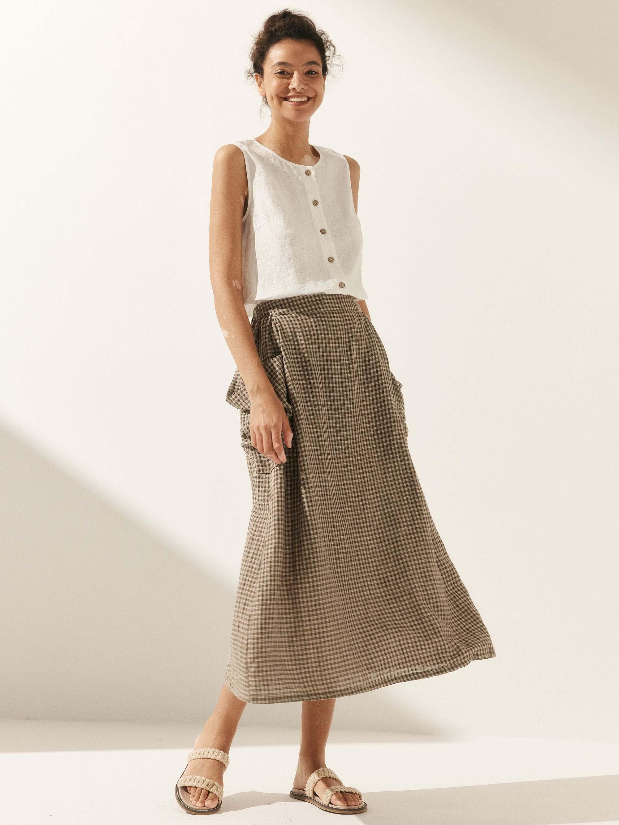 LINTICO Linen Checked Elastic Waist Skirt MARINA — comparison shot