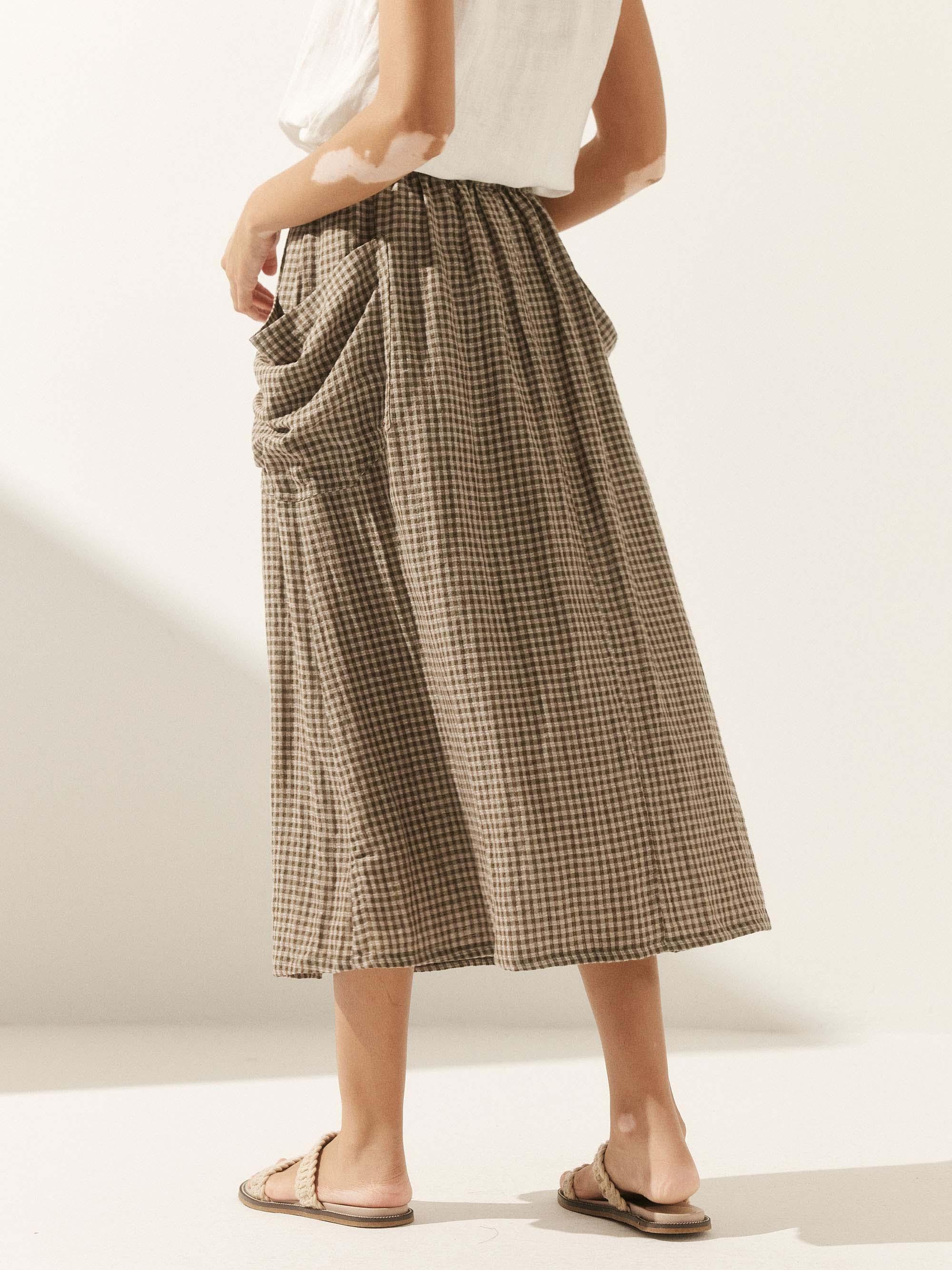LINTICO Linen Checked Elastic Waist Skirt MARINA — detail shot 10