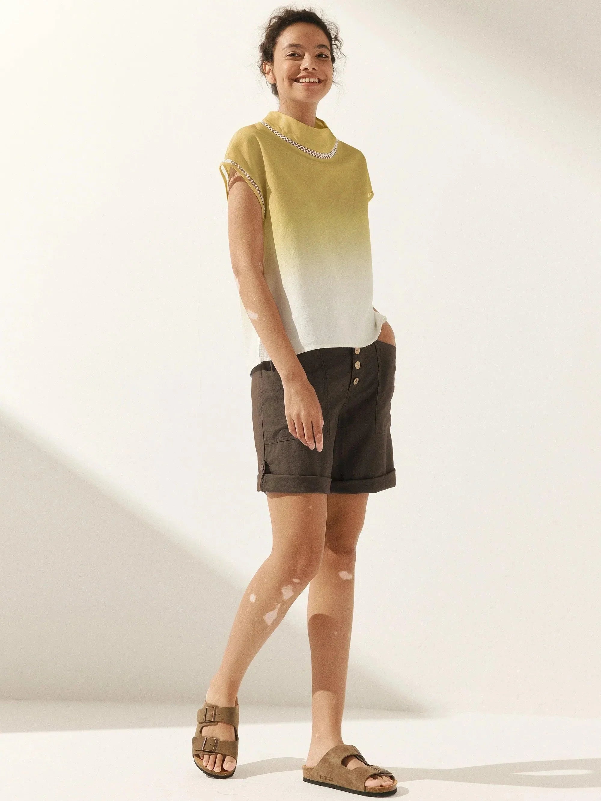 LINTICO Linen Cutout Turtleneck Top QUINN — lifestyle context