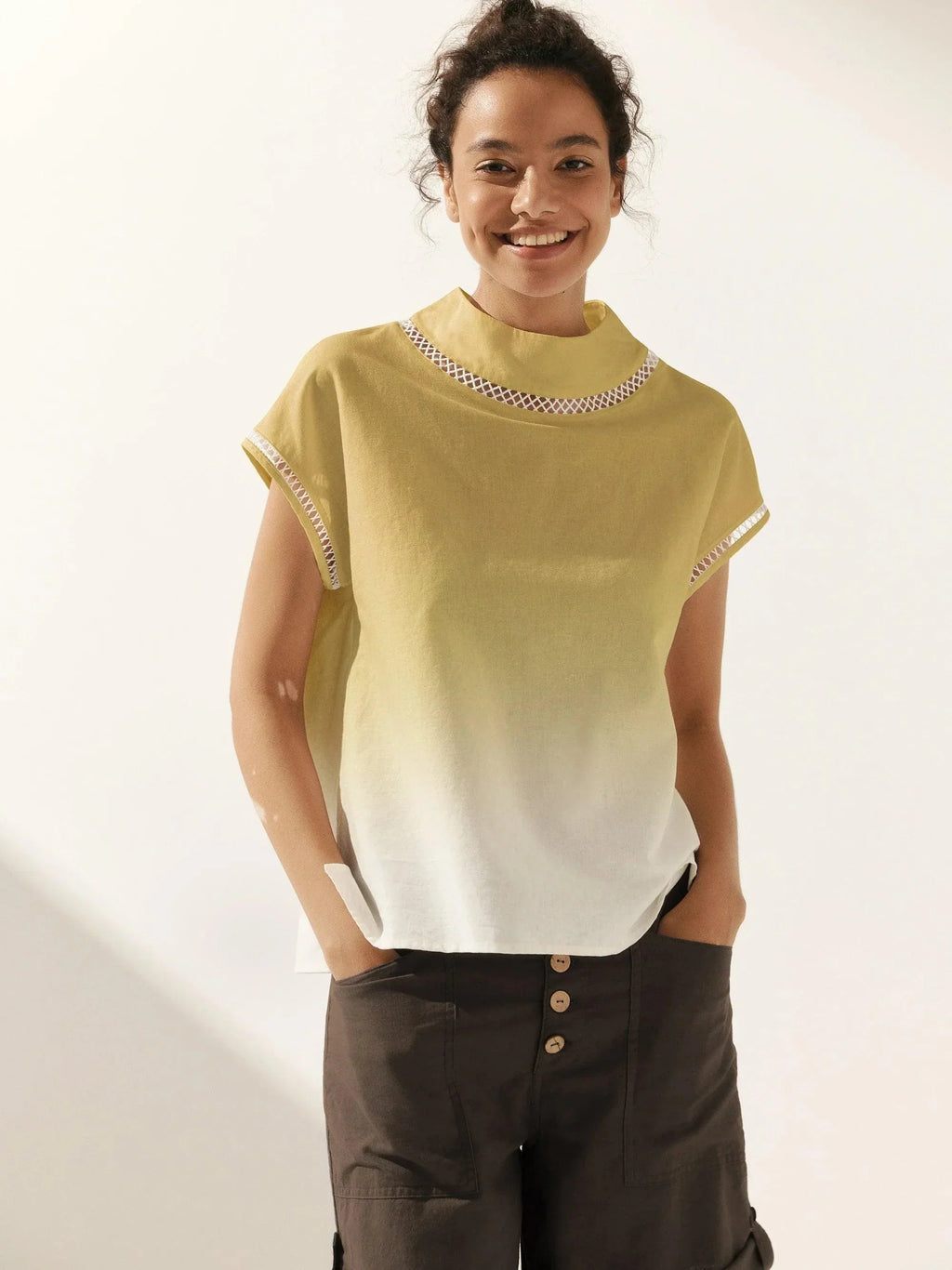 LINTICO 100% Linen Gingham Checked Cutout Turtleneck Top CAROL — comparison shot