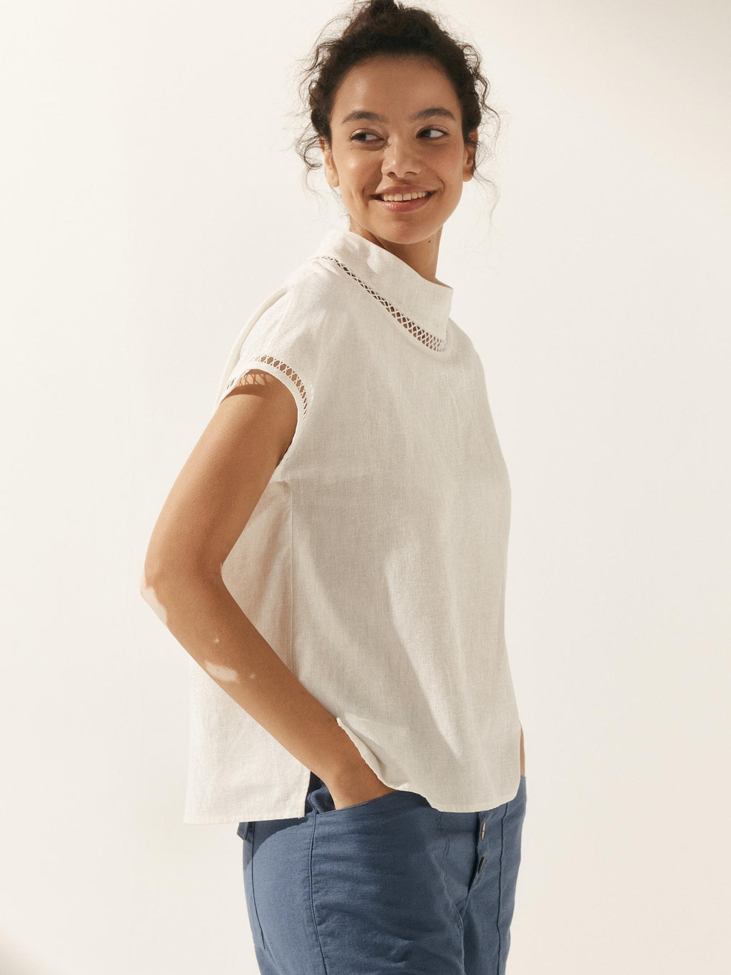 LINTICO LINTICO Linen Cutout Turtleneck Top QUINN — lifestyle worn / used context