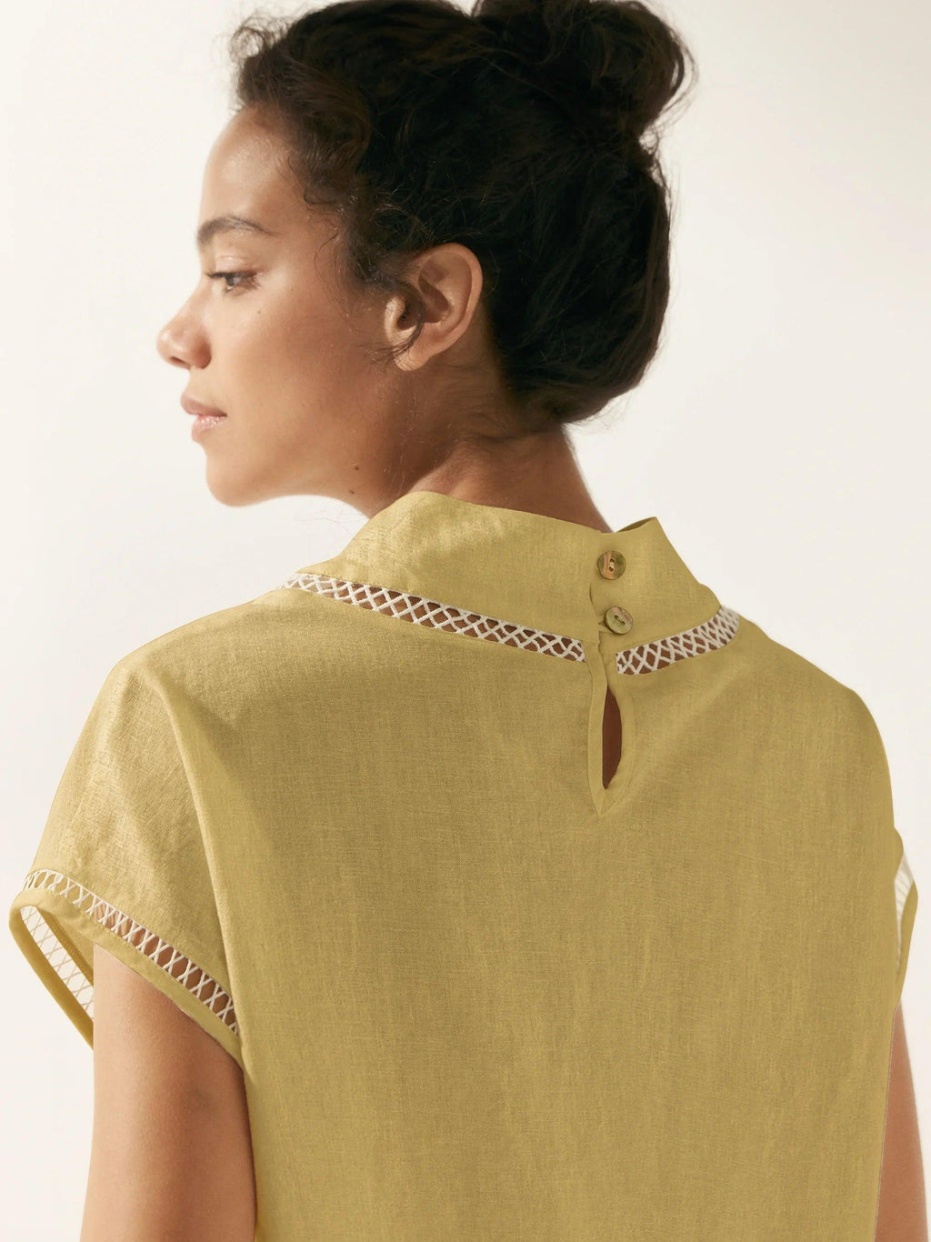 LINTICO 100% Linen Gingham Checked Cutout Turtleneck Top CAROL — fabric or material detail