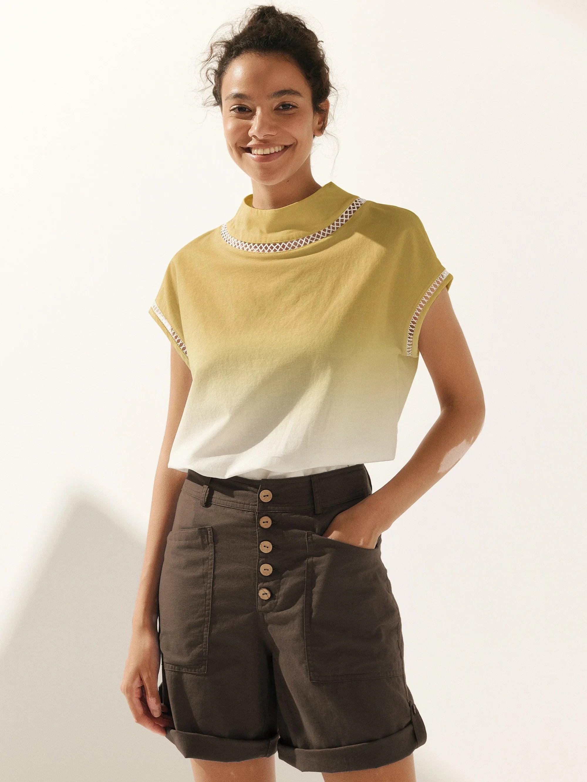 LINTICO Linen Cutout Turtleneck Top QUINN — flat-lay composition