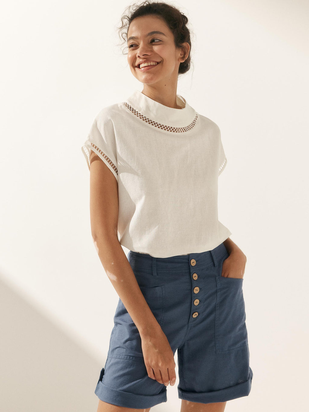 LINTICO LINTICO Linen Cutout Turtleneck Top QUINN — tops-blouses-linen blend category context