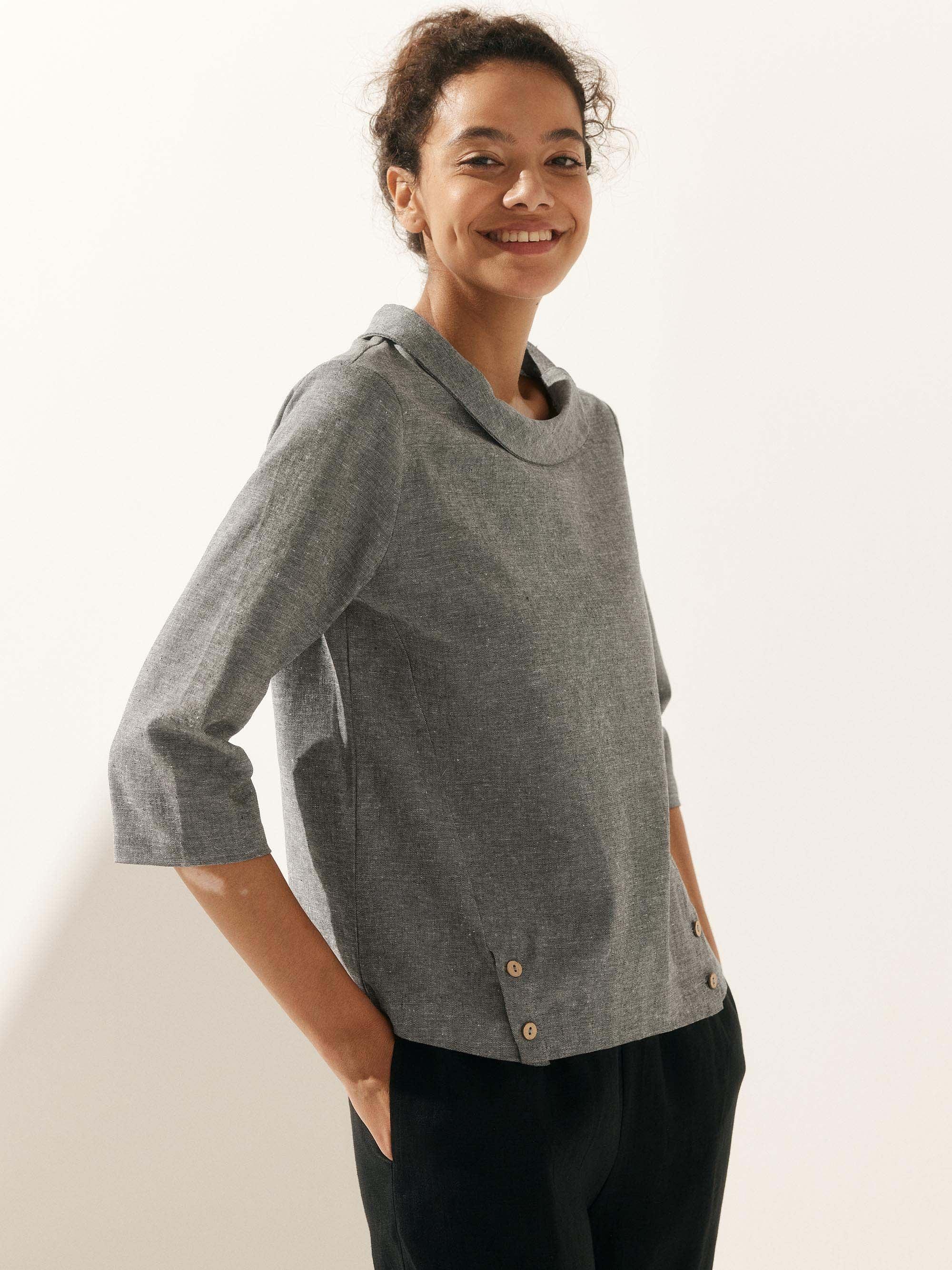 LINTICO Linen Gingham Checked Round Soft-Fold Collar Top LAURA — detail close-up