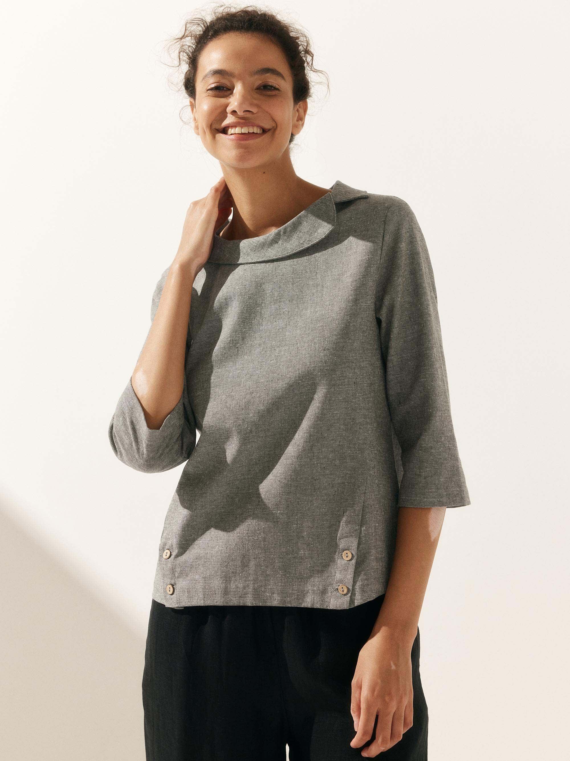 LINTICO Linen Round Soft-Fold Collar Top LAURA — detail close-up