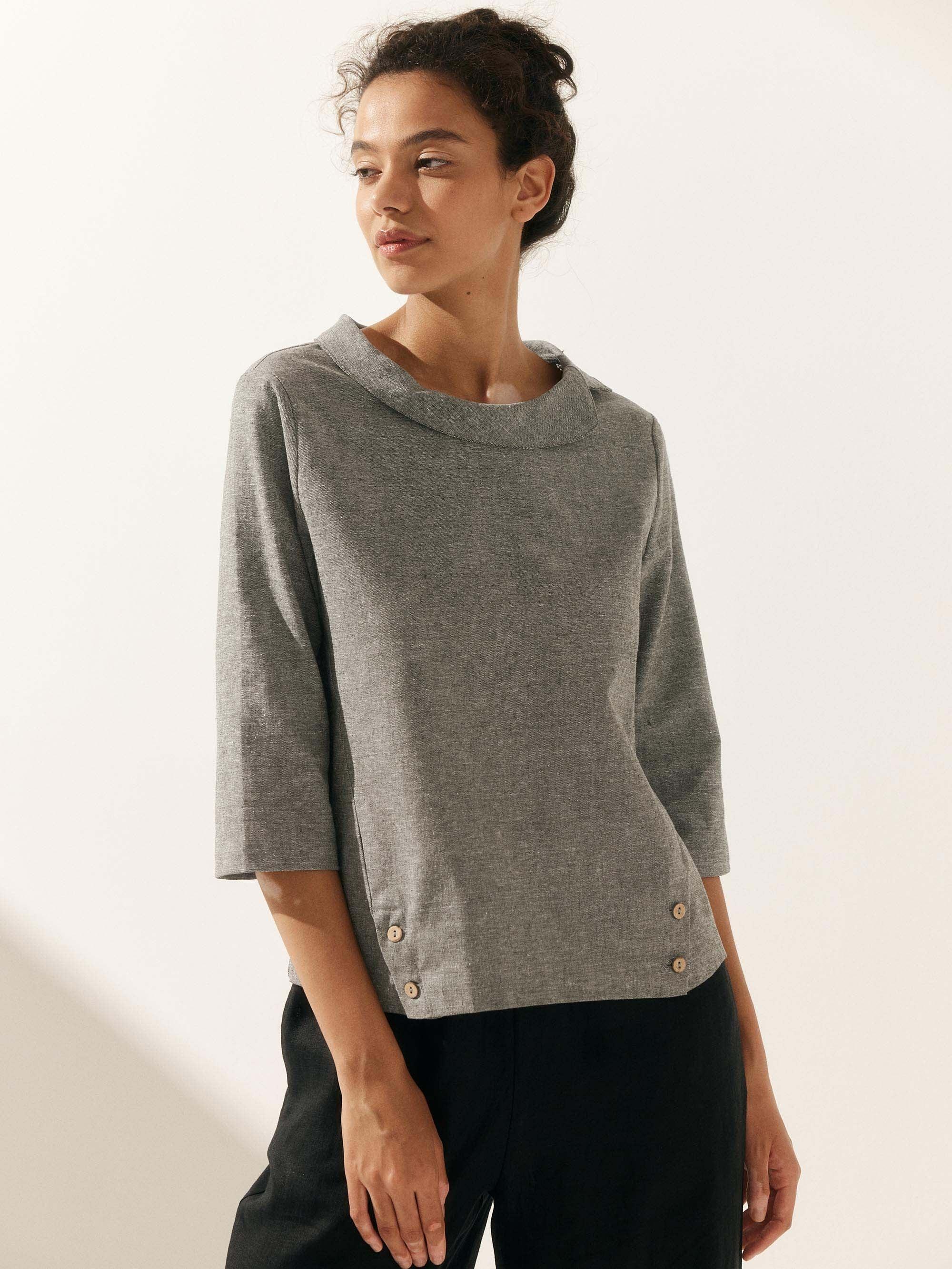 LINTICO Linen Gingham Checked Round Soft-Fold Collar Top LAURA — flat-lay composition
