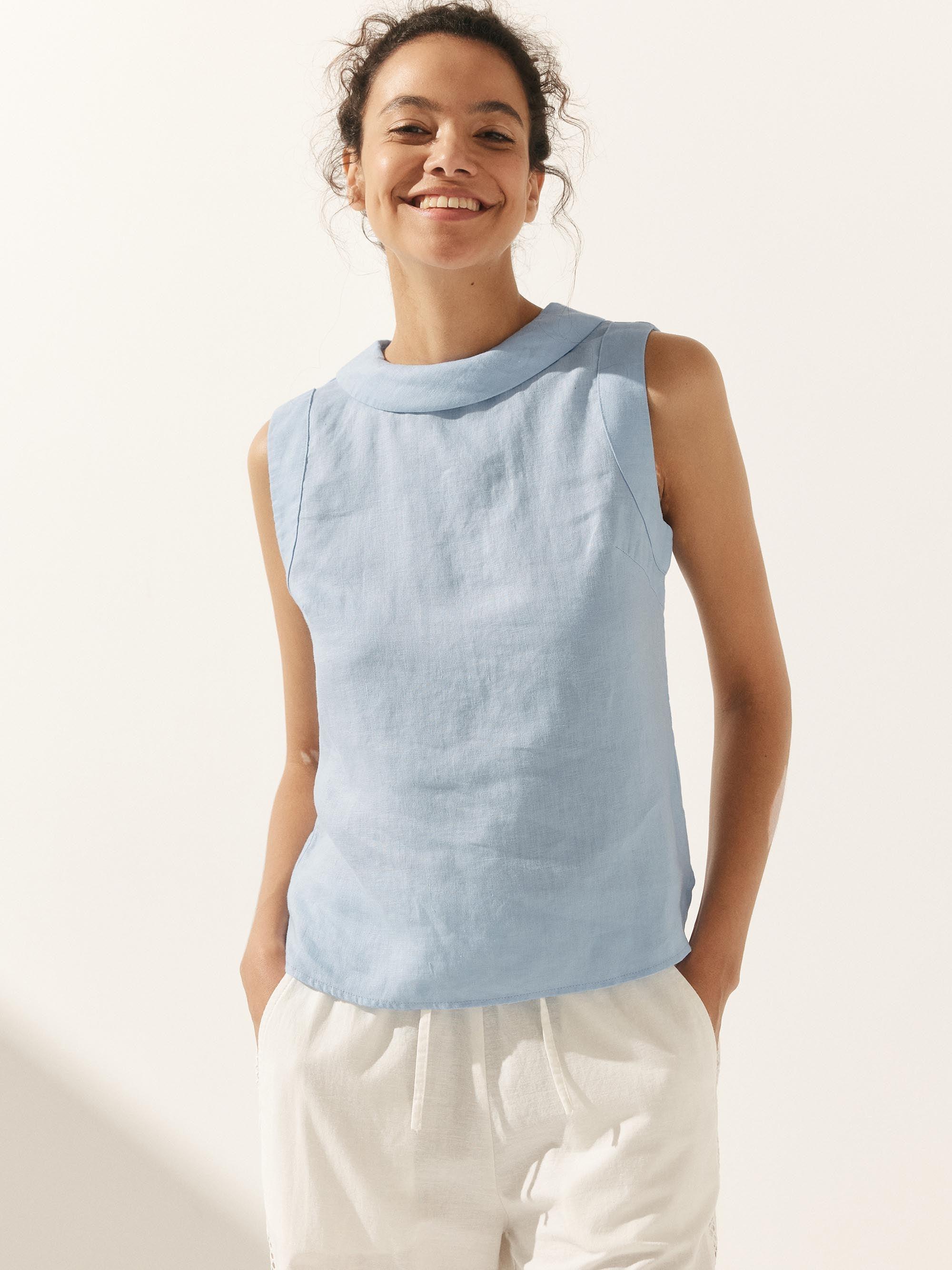LINTICO 100% Linen Draped Collar Tank Top JACQUELINE — construction detail