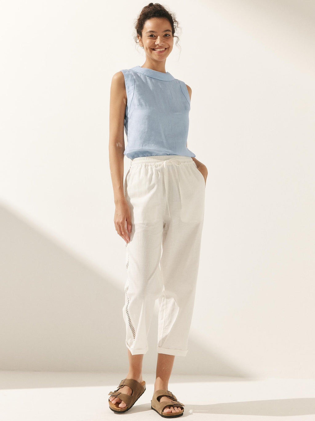 LINTICO 100% Linen Draped Collar Tank Top JACQUELINE — lifestyle worn / used context
