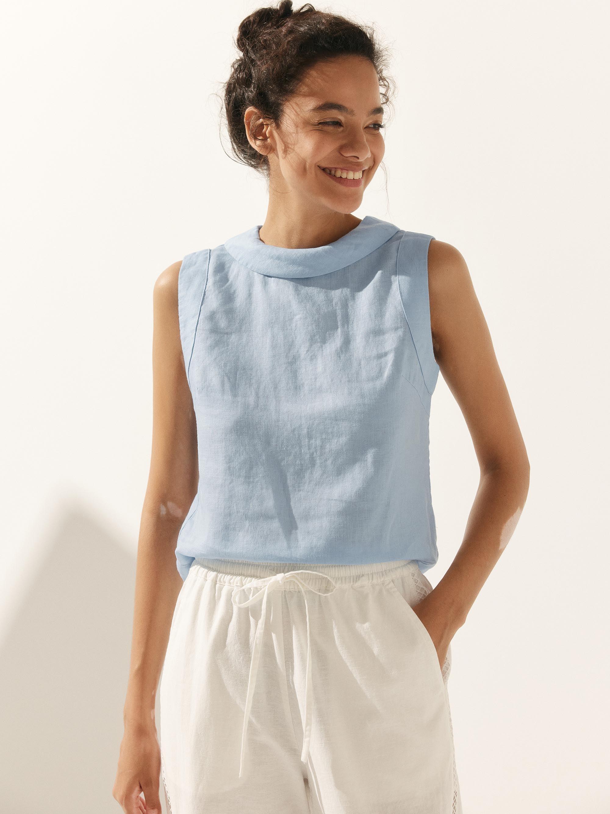 LINTICO 100% Linen Draped Collar Tank Top — product on model