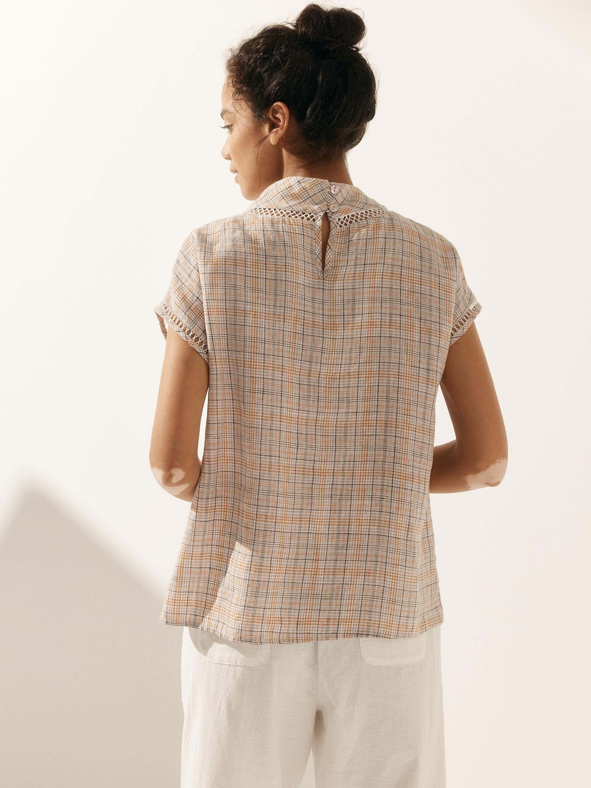 LINTICO 100% Linen Gingham Checked Cutout Turtleneck Top CAROL — fabric or material detail