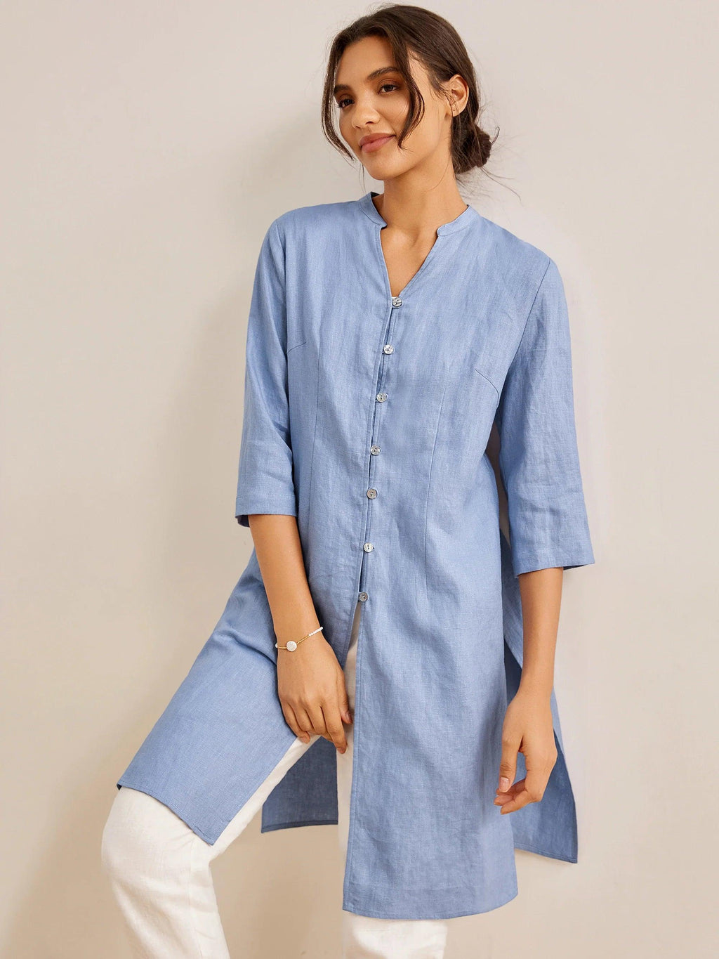 LINTICO 100% Linen Hand Button Long Top DILLON — main product shot
