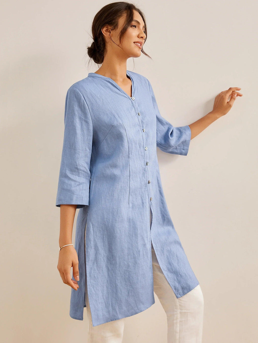 LINTICO 100% Linen Hand Button Long Top DILLON — lifestyle worn / used context