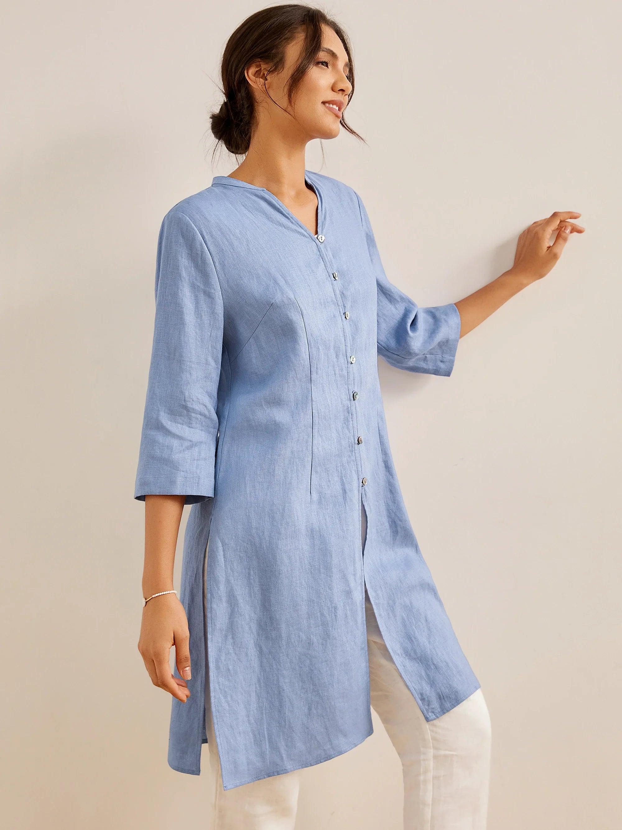 LINTICO 100% Linen Hand Button Long Top DILLON — lifestyle worn / used context