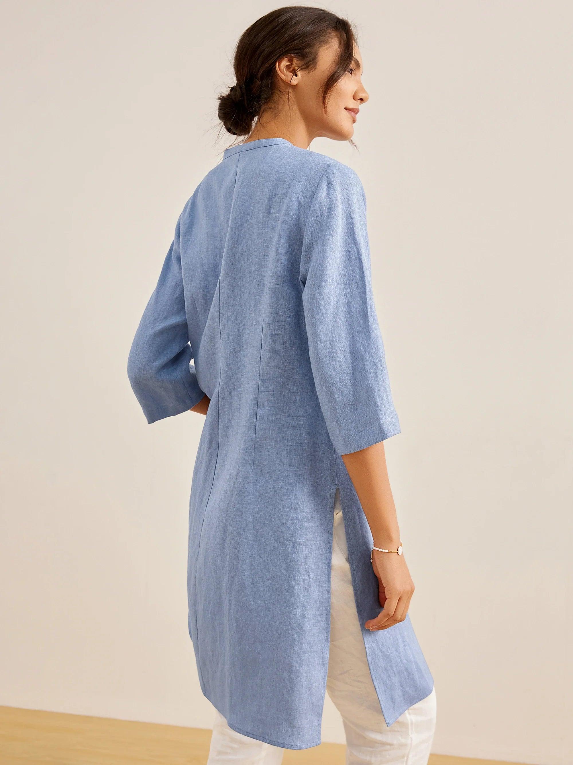LINTICO 100% Linen Hand Button Long Top DILLON — detail shot 6