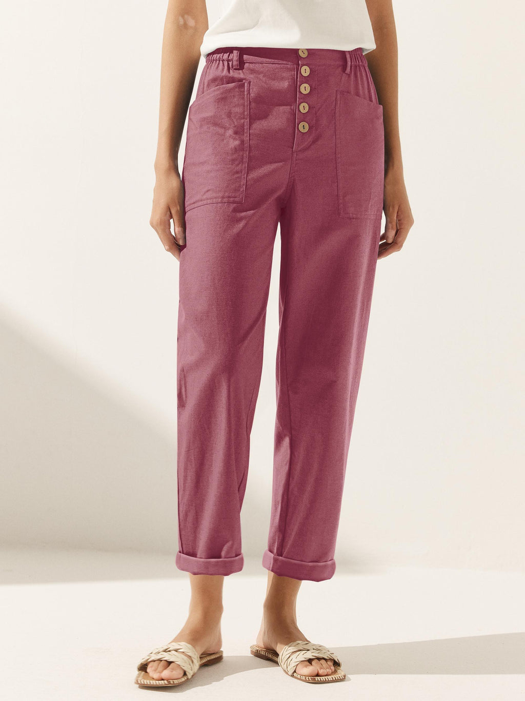 LINTICO Linen Simple Button Fly Trousers HEIDI — fabric or material detail