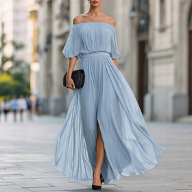 Women's One-Shoulder Ruffle Sleeve Chiffon Maxi Dress | Side Split High Waist Dress in 3 Colors