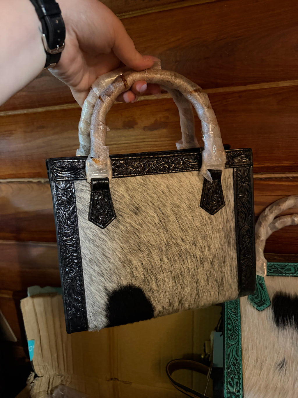 Genuine Leather, Hand Tooled, Hair on Hide Small tote with wooden handles