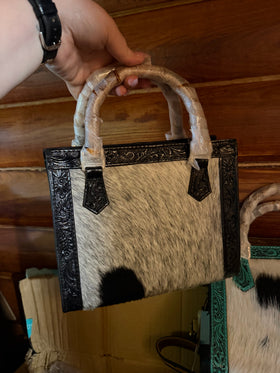 Genuine Leather, Hand Tooled, Hair on Hide Small tote with wooden handles