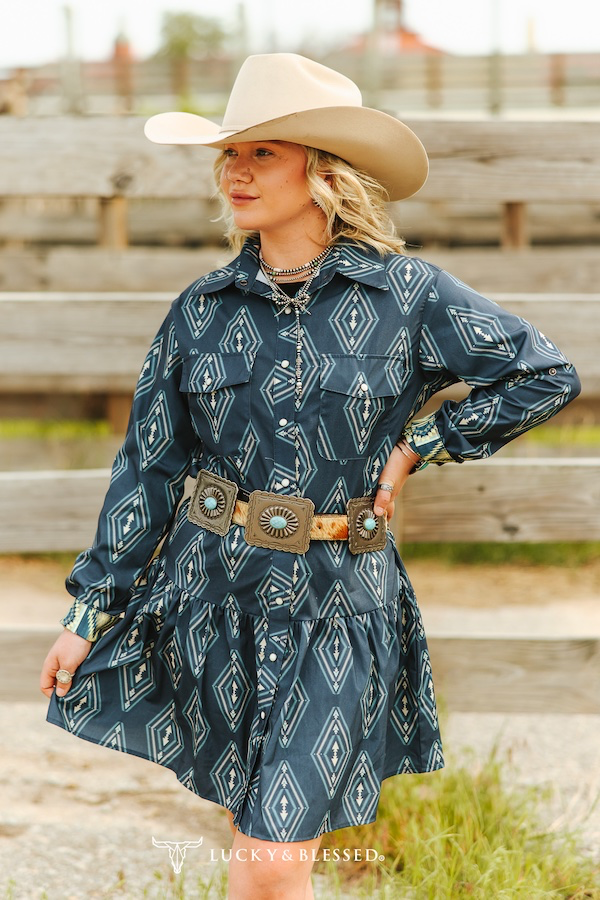 Lucky & Blessed Aztec Printed Button Down Collared Ruffle Dress Plus Size
