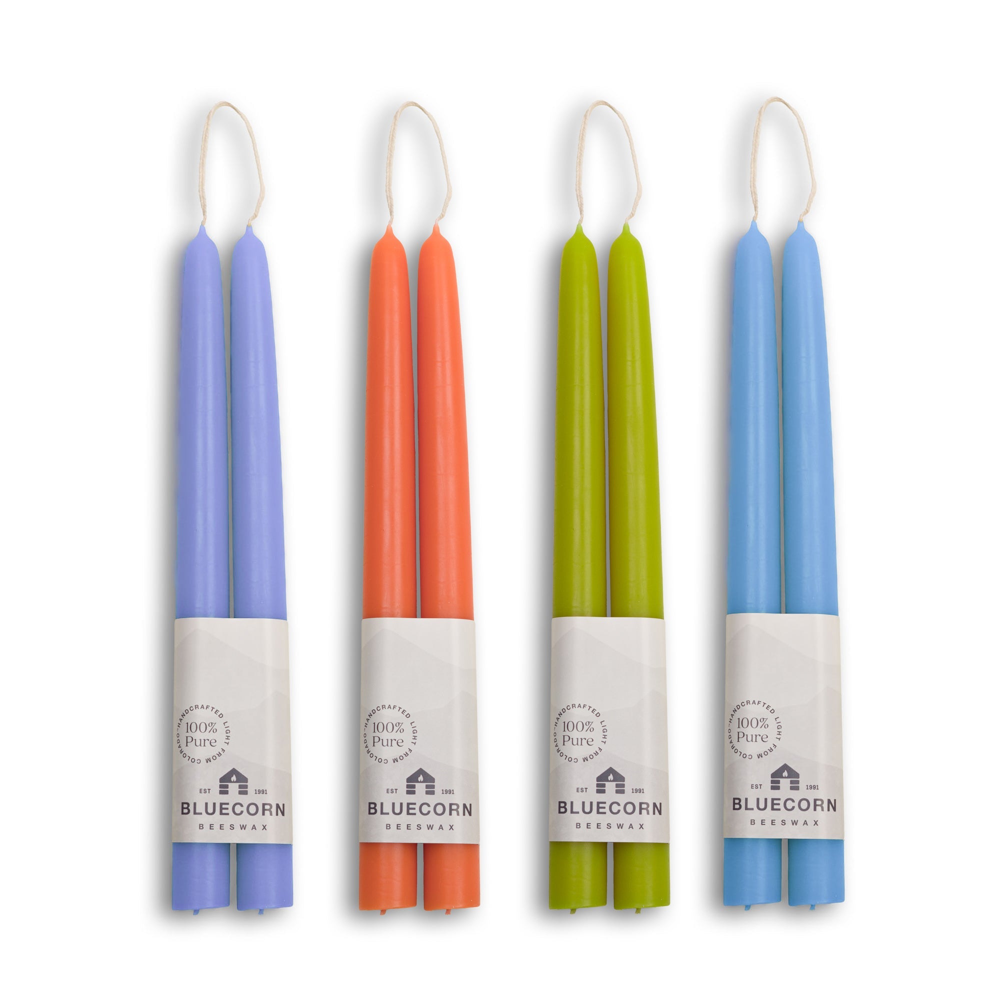 Bluecorn Candles Summer Beeswax Taper Candles - Apricot, Pistachio, Lilac & Sky Blue — detail and construction