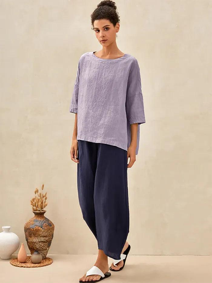 LINTICO 100% Linen Boatneck 3/4 Length Sleeve Top AURORA — flat-lay composition