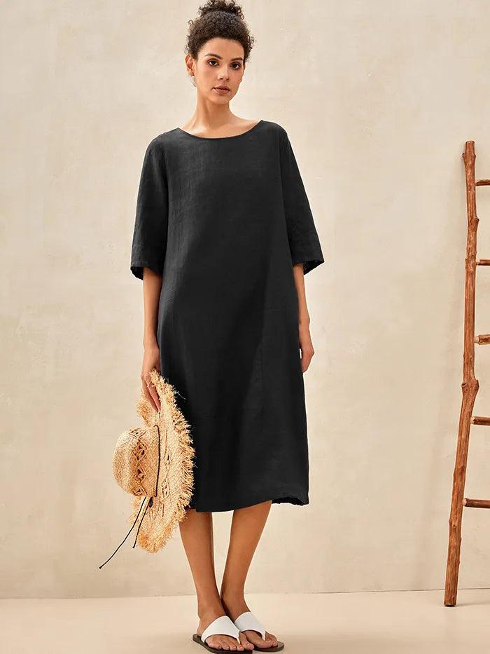LINTICO 100% Linen Collarless Mid-Length Dress SOFIA — flat-lay composition