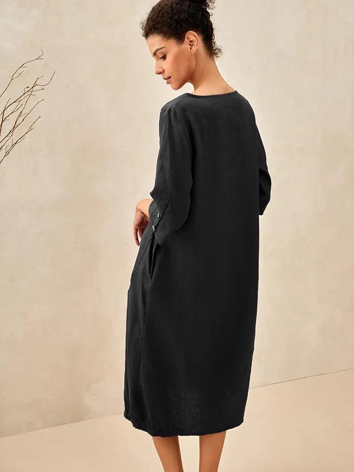 LINTICO 100% Linen Collarless Mid-Length Dress SOFIA — LINTICO branding close-up