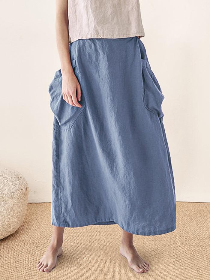 LINTICO Linen Checked Elastic Waist Skirt MARINA — lifestyle context