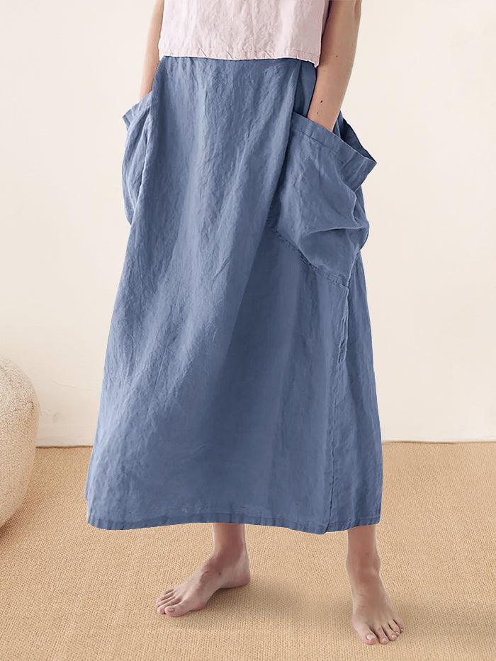 LINTICO Linen Checked Elastic Waist Skirt MARINA — flat-lay composition