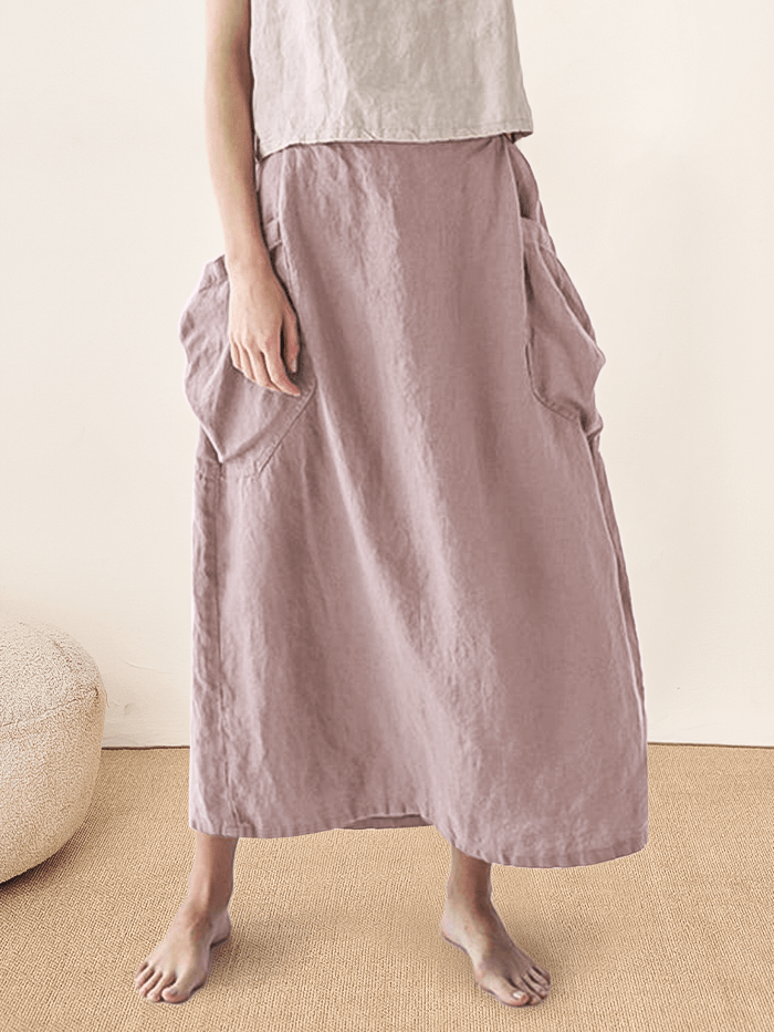 LINTICO Linen Checked Elastic Waist Skirt MARINA — alternative angle