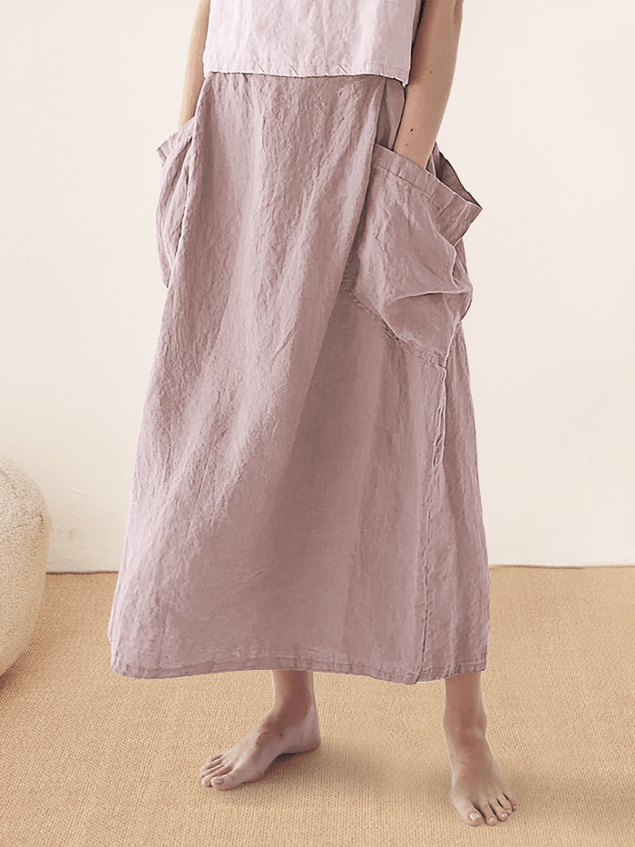 LINTICO Linen Checked Elastic Waist Skirt MARINA — back view