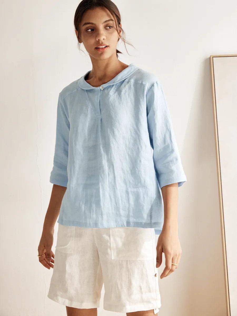 LINTICO 100% Linen Shawl V-Neck Half Sleeve Top JADE — LINTICO branding close-up