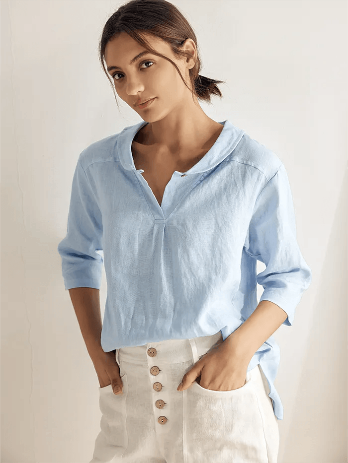 LINTICO 100% Linen Shawl V-Neck Half Sleeve Top JADE — main product shot