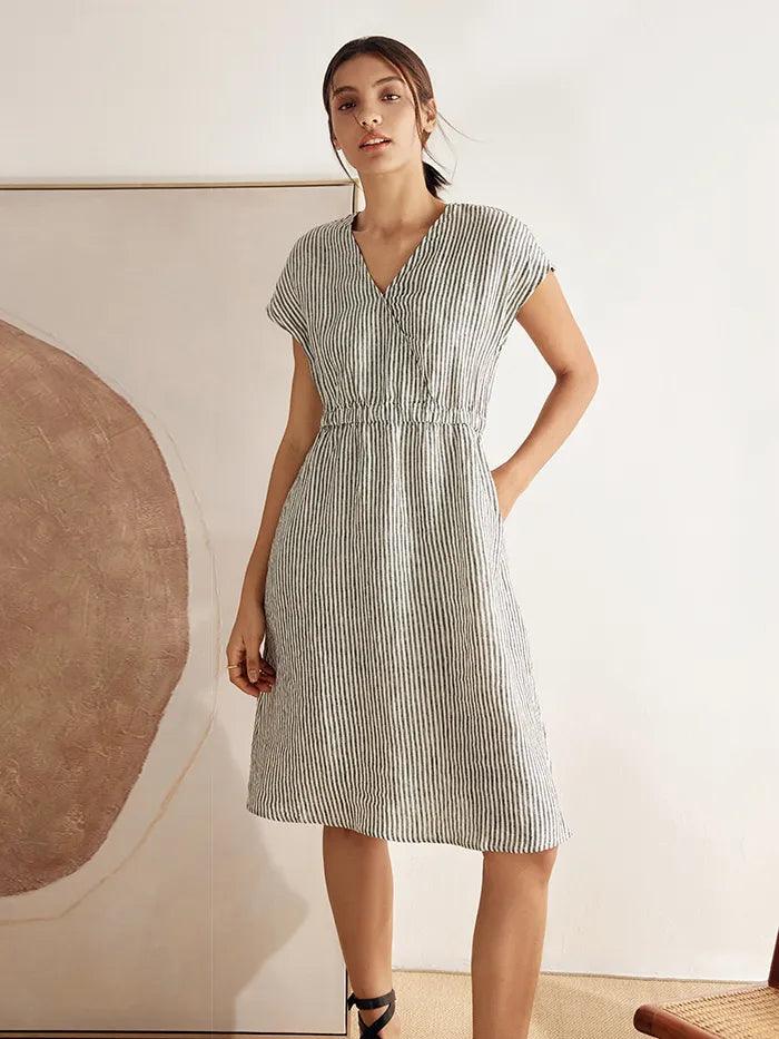 LINTICO 100% Linen Striped Elastic-Waist Midi Dress ARIA — feature highlight