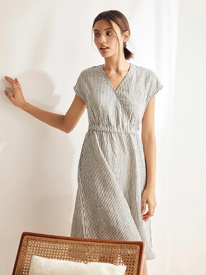LINTICO 100% Linen Striped Elastic-Waist Midi Dress ARIA — detail shot 6
