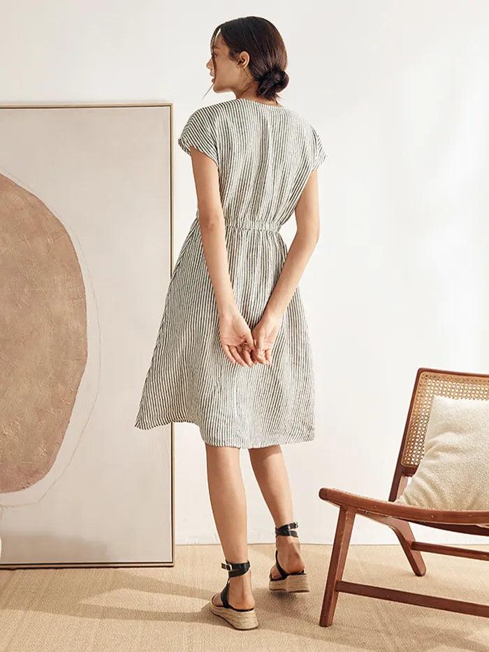 LINTICO 100% Linen Striped Elastic-Waist Midi Dress ARIA — LINTICO branding close-up