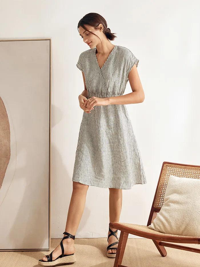 LINTICO 100% Linen Striped Elastic-Waist Midi Dress ARIA — detail shot 7