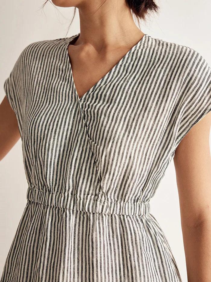 LINTICO 100% Linen Striped Elastic-Waist Midi Dress ARIA — back view