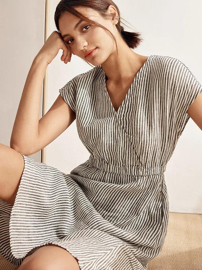 LINTICO 100% Linen Striped Elastic-Waist Midi Dress ARIA — detail close-up