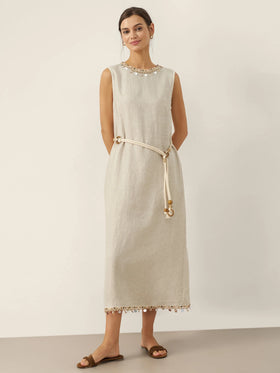 100% Linen Beaded Crew Neck Midi Dress with Belt BELLA