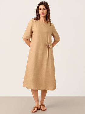 100% Linen Side-Gathered Bow Midi Dress ESMERALDA