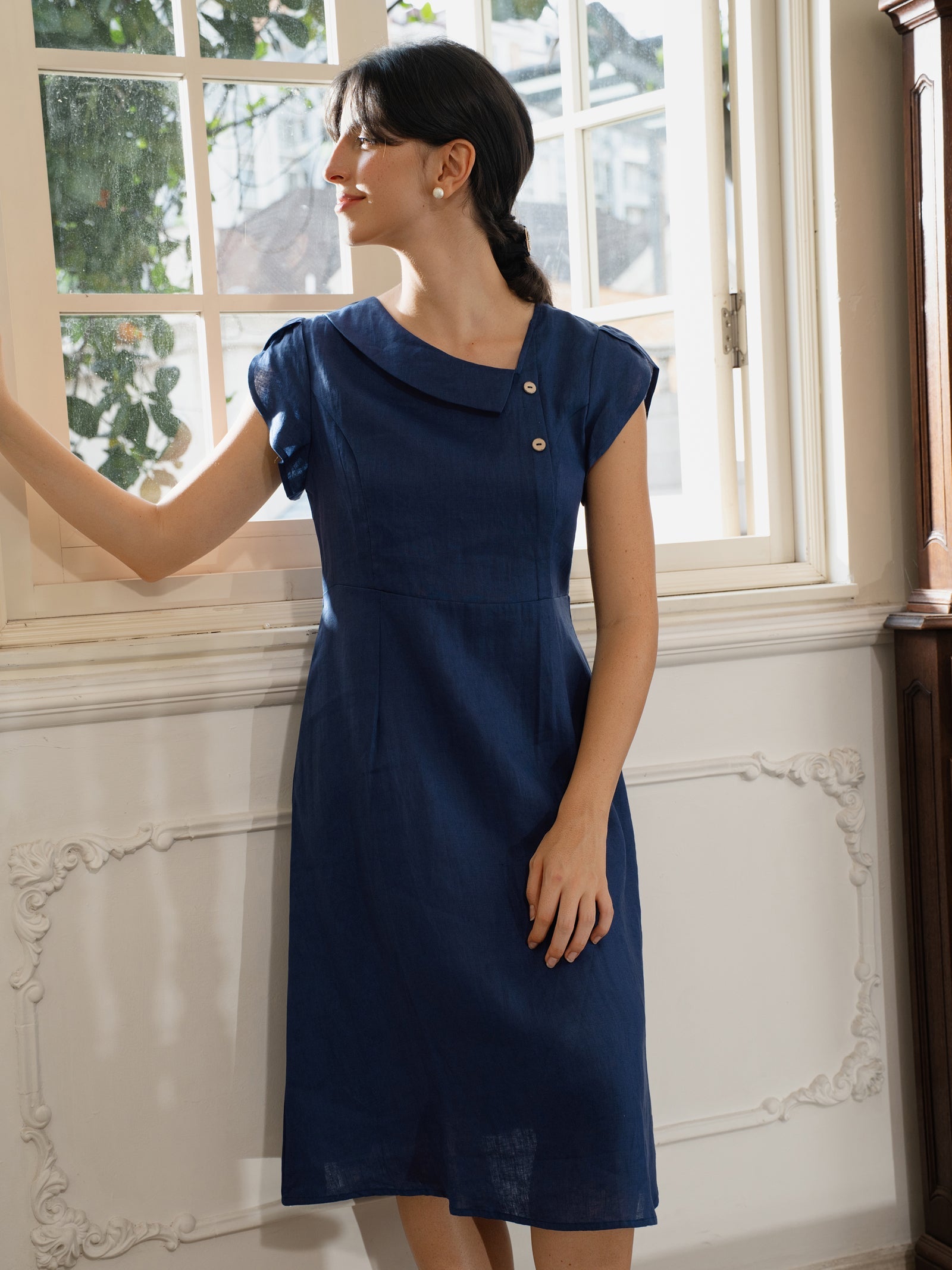 LINTICO 100% Linen Crescent Collar Flutter Sleeve Midi Dress FIONA — dresses-midi dresses-linen category context