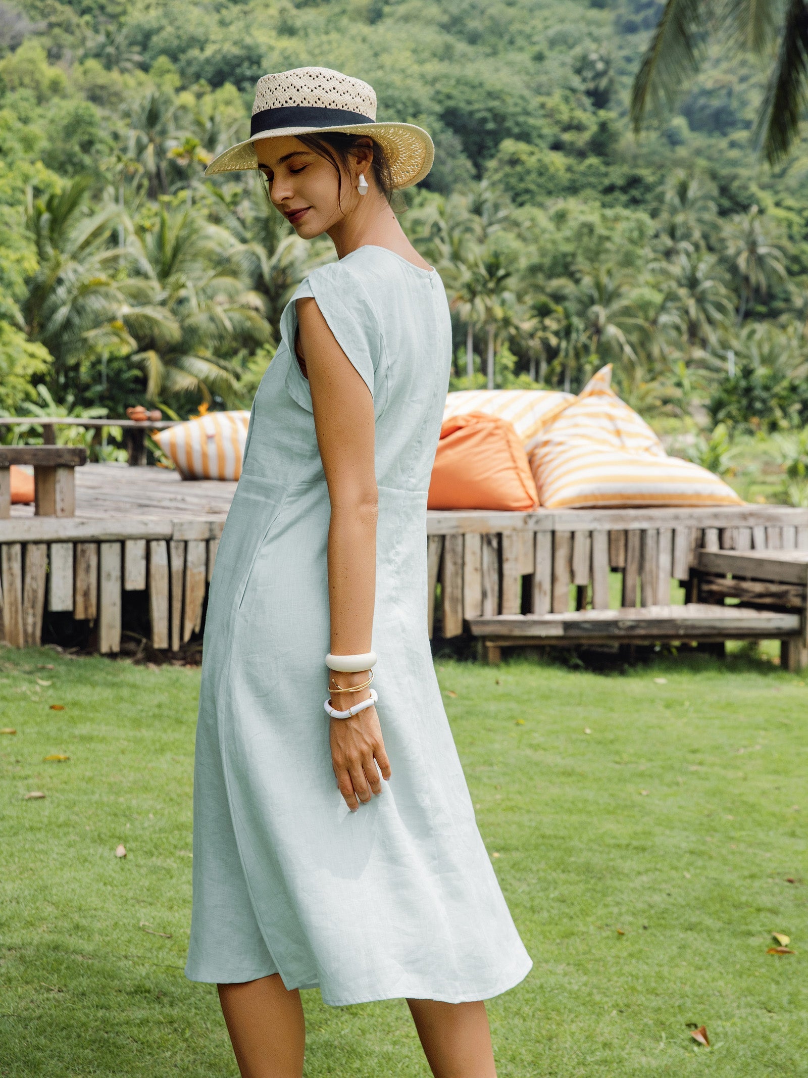 LINTICO 100% Linen Crescent Collar Flutter Sleeve Midi Dress FIONA — detail shot 9