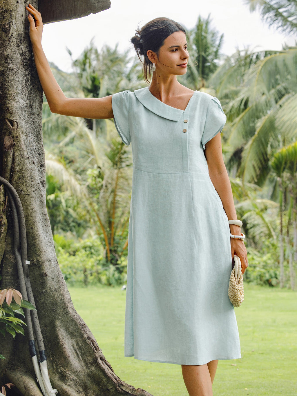 LINTICO 100% Linen Crescent Collar Flutter Sleeve Midi Dress FIONA — detail shot 8